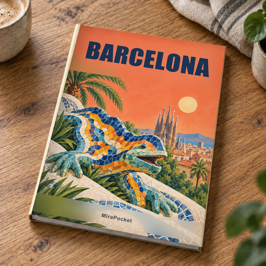 Personalized Barcelona travel photo book on a table