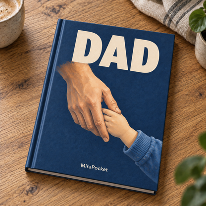 MiraPocket Dad personalised photo book on a wooden table