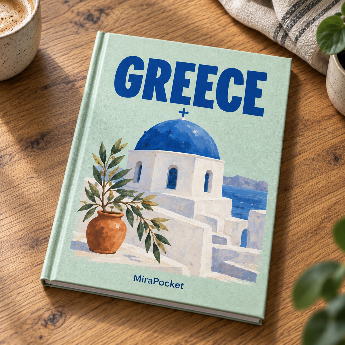 MiraPocket Greece personalised travel photo book on a wooden table