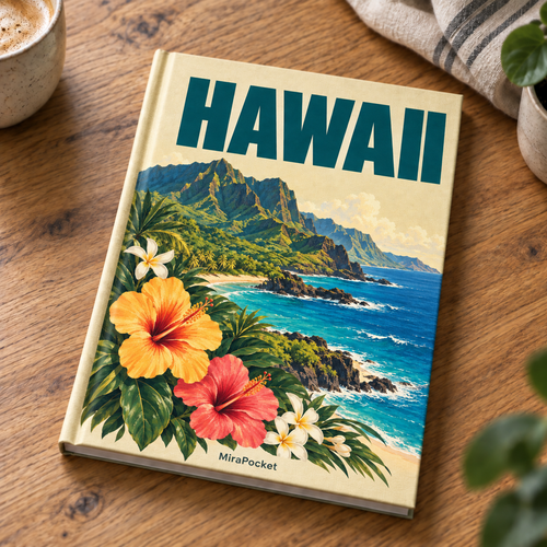 MiraPocket Hawaii personalised travel photo book on a wooden table
