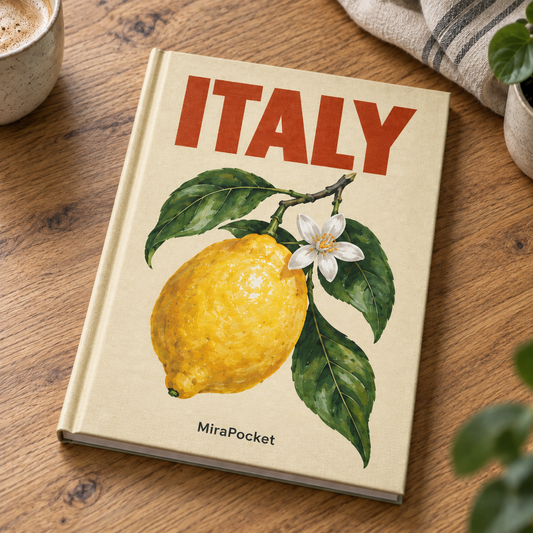 MiraPocket Italy personalised travel photo book on a wooden table