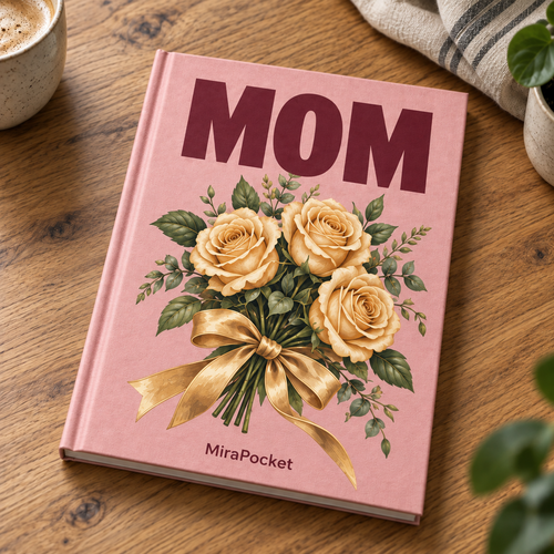 MiraPocket Mom personalised photo book on a wooden table