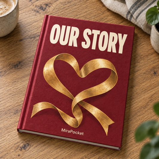 MiraPocket Our Story personalised photo book on a wooden table
