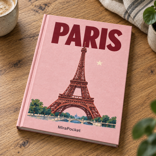 MiraPocket Paris personalised travel photo book on a wooden table