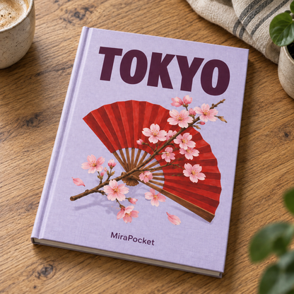 MiraPocket Tokyo personalised travel photo book on a wooden table