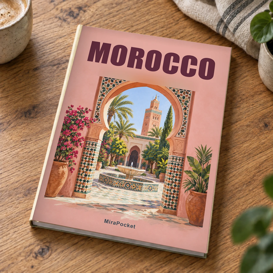 Personalized Morocco travel photo book on a table